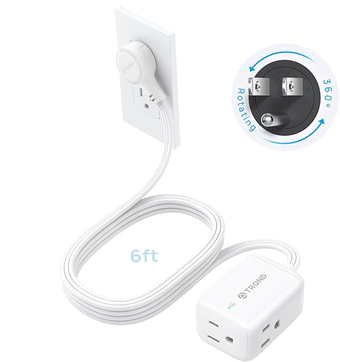 TROND 360° Rotating Flat Plug Extension Cord Surge Protector 6ft, Small Power Strip with 900 Joules, 3 Side Grounded Outlets, 13A, SPT 16/3 Gauge Wire, for Indoor Home Office Dorm Room Travel, White