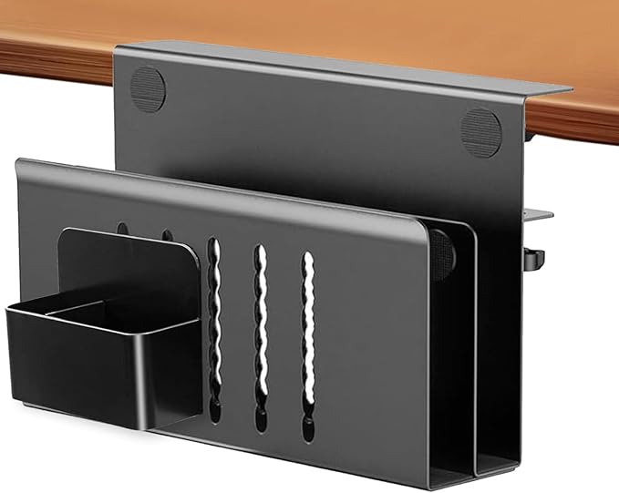 2 Tier Desk side storage, Desk Laptop Holder with Magnetic Pen Holder, No Drill Hanging Table Organizer for Office and Home Fits Flat Edge 0.3" to 2.3"