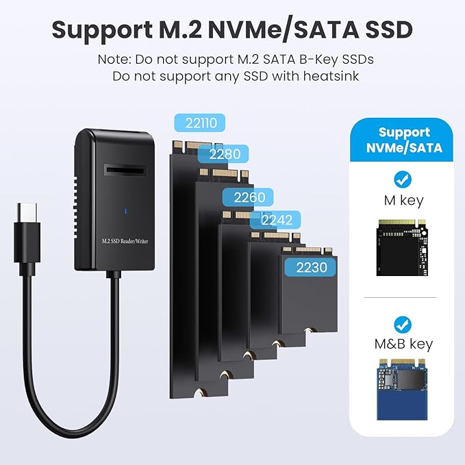M.2 NVMe&SATA Reader,M.2 SSD to USB C Reader Adapter for (M Key, B+M Key) NVMe and SATA NGFF SSD Drives Dock Full Size 22110/2280/2260/2242/ 2230,Tool Free M.2 Drive Docking Station-Plastic