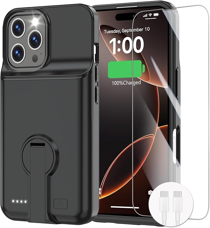 GIN FOXI Battery Case for iPhone 16 Pro, Charging Case with Stand 8500mAh Rechargeable Ultra-Slim Anti-Fall Protection Extended Battery Pack Charger Cover for iPhone 16 Pro Battery Case 6.3" Black