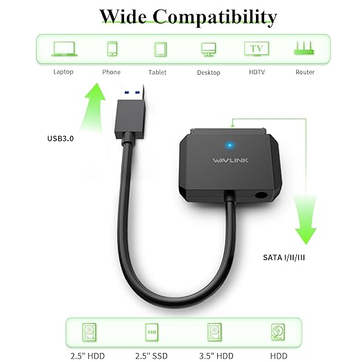 WAVLINK SATA to USB Type-A Hard Drive Cable, 5Gbps USB3.0, Supports UASP, External Hard Drive SATA I/II/III Connector, 2.5" SSD/HDD and 3.5" HDD up to 20TB, Power Adapter Included
