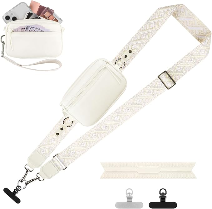 Clip and Go Strap for Phone with Wallet Crossbody, Adjustable Phone Lanyard with Detachable RFID Wristlet Wallet, Pattern Strap, Cream (M)