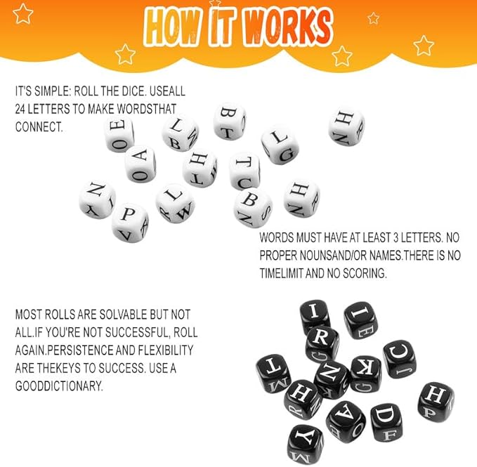 24 Pcs Dice Set, The Crossword Solitaire Game, 6 Sided Dice Crossword Creative Game, Two-Player Parent-Child Interactive Family English Letter Dice Games for Kids Adults