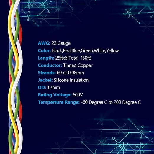 Fermerry 22 AWG Stranded Wire Spool 25ft Each 6 Colors Flexible 22 Gauge Silicone Hook up Wire Kit Electrical Tinned Copper Wire