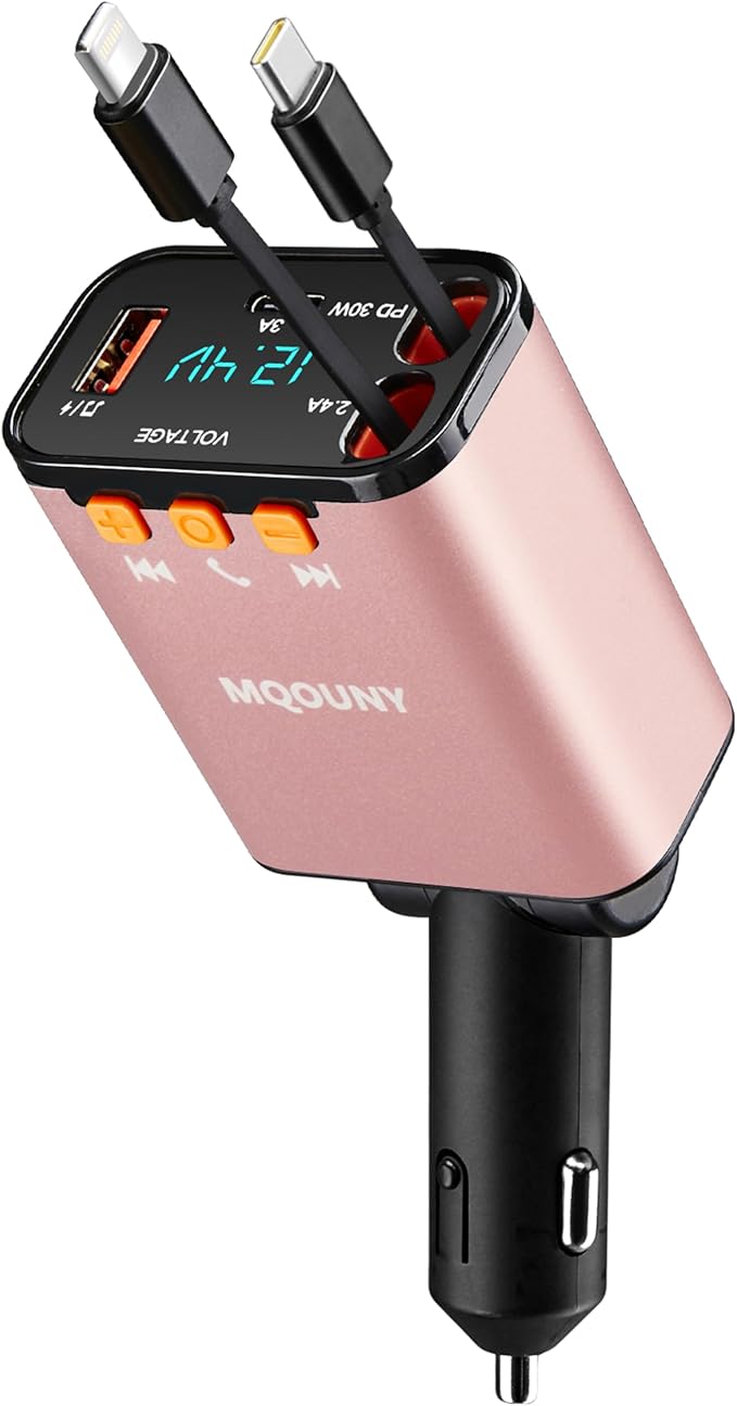 Retractable Car Charger,5 in 1 Fast Cars Phone Charger 60w,Bluetooth 5.3 FM Transmitter Adapter,Handsfree Call,MP3 Player,2 Retractable Cables and USB Chargers, for Phone,Galaxy,Pixel (Pink)