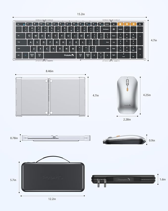 ProtoArc Foldable Keyboard and Mouse, XKM01 True Full-Size Folding Wireless Keyboard Mouse for Business Travel, a Portable Office Suite On-The-Go, Compatible with Laptop iPad Tablet - Black Silver