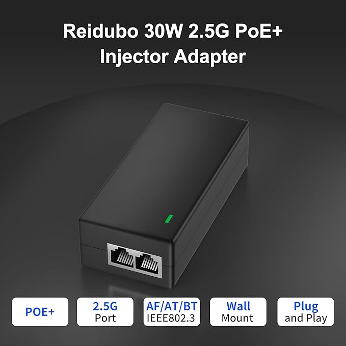 2.5Gb PoE+ Injector Adapter 30W 48~55V, IEEE 802.3at/af Compliant, Converts Non-PoE to PoE Network, 100/1000/2500Mbps RJ45, Up to 328 ft, Plug & Play (30W)