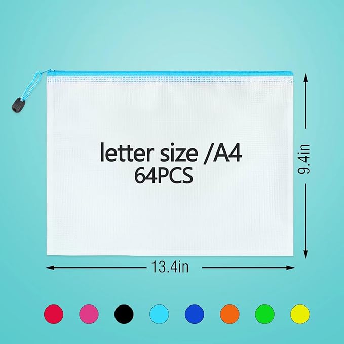 64pcs A4 Mesh Zipper Pouch Bags, Mesh Bags with Zipper Bulk, Pouches for Organization, Clear Storage Bags for Classroom, Travel, Office, Board Game