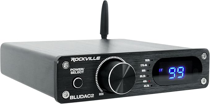 Rockville BLUDAC2B 75W x 2 Hi-Res 192K DAC Amplifier Home Bluetooth Receiver, Optical/Sub Out, USB-C, Class-D for Home Audio