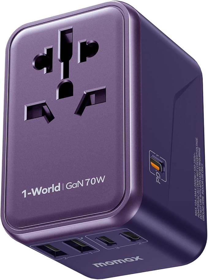 MOMAX Universal Travel Adapter, 70W GaN Travel Plug Adapter with UK,EU,AU,US Plugs, 3USB-C PD & 2USB-A QC International Adapter Charger, International Adapter for Laptops Phones Vision Pro, Purple