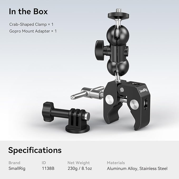 SMALLRIG Super Camera Clamp Mount, Double Ball Head Magic Arm Adapter, Fence/Desk/Tripod Mount for Monitor/Light/Camera, for Insta360, for Gopro