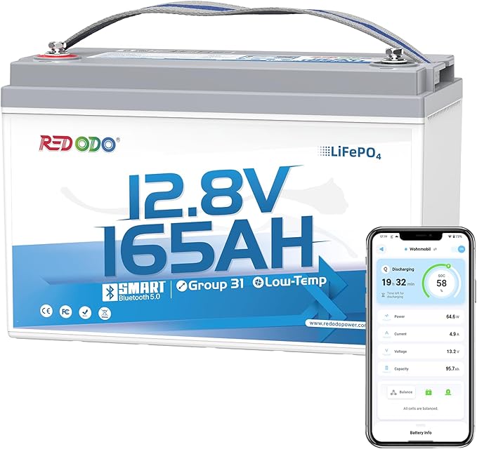Redodo Group 31 Bluetooth LiFePO4 Battery 12V 165Ah, 2112Wh Max. Energy, 165A BMS with Low Temp Protection, Perfect for RV, Marine, Solar