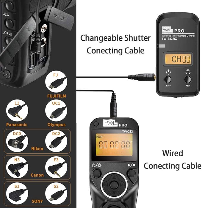 Pixel TW-283 DC2 Wireless Shutter Remote Release Control Intervalometer FSK 2.4GHz Compatible for Nikon Digital SLR Cameras D5000 D5100 D5200 D5300 D5500 D90 D7000 D7100 D7200