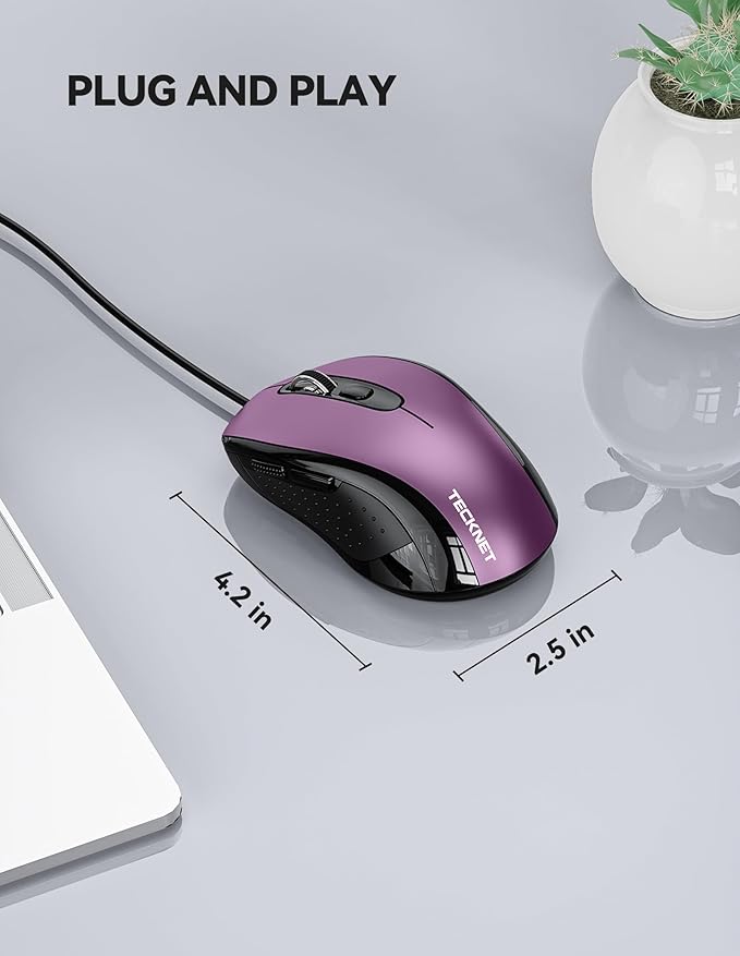 TECKNET USB Wired Mouse, 3600DPI Corded Computer Mouse with 4 Adjustable Levels, 6-Button 5FT Cord Ergonomic Mice, Home and Office Mouse for Laptop PC Desktop Notebook - Purple