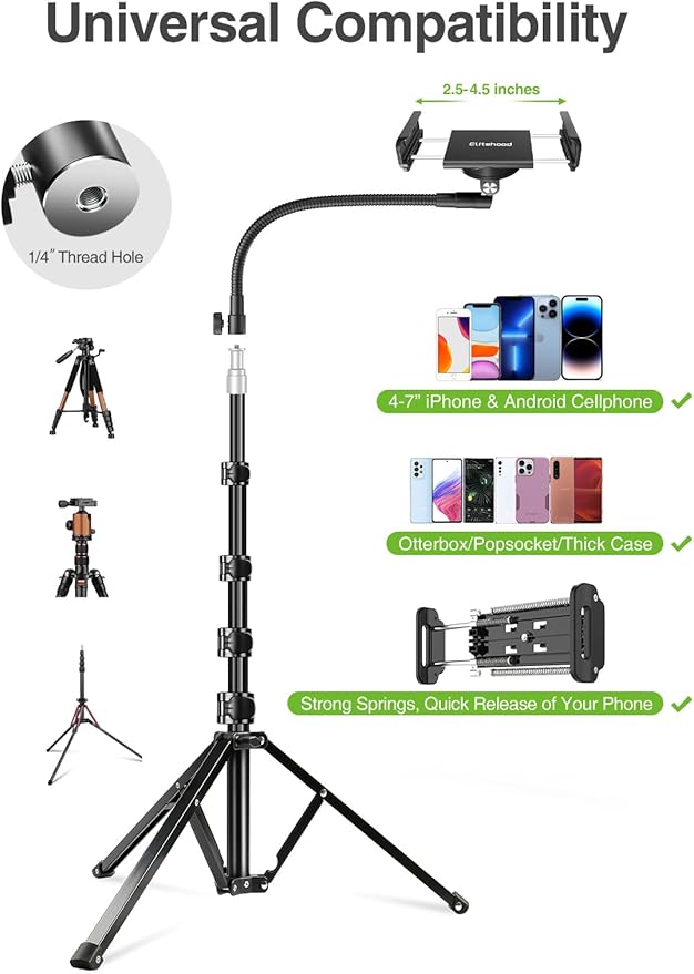 elitehood 80” Tall Phone Stand Tripod, Floor Phone Recording Stand, Heavy Duty Adjustable iPhone Tripod Stand Compatible with iPhone 15 14 13 12