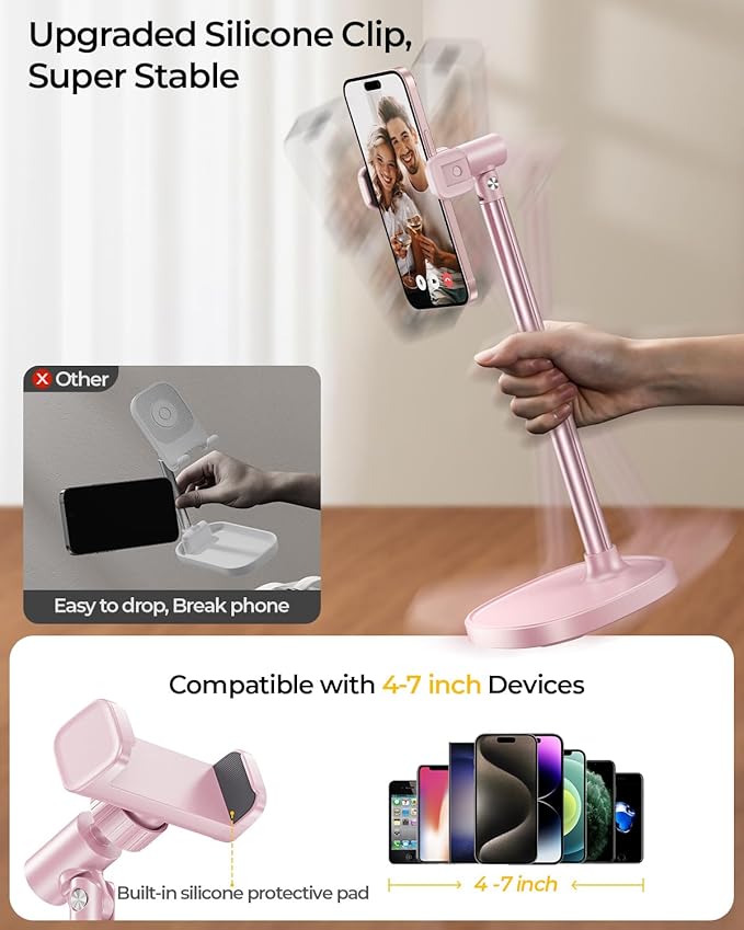 DIMONCOAT Phone Stand for Desk, Angle Height AdjustablePhone Holder for Desk, Aluminum Alloy Universal iPhoneStand Holder, Retractable Cell Phone Stand Recording Office for iPhone 16 15 Pro Max -Pink