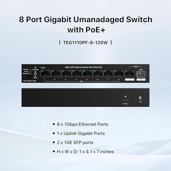 Tenda TEG1110PF Unmanaged PoE Switch with 8 Port PoE+@120W, 8 Port Gigabit PoE Compatible with IEEE 802.3af/at Devices, w/ 1 Uplink Gigabit Port & 1 SFP Slot, Limited Lifetime Protection