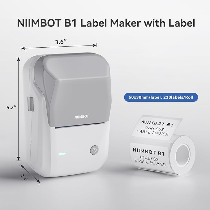 NIIMBOT B1 Label Maker Machine with Tape, Thermal Label Printer Easy to Use for Office, Home, Business, 2 Inch Label Maker with 2'' x1.18'' Labels-230pcs/Roll