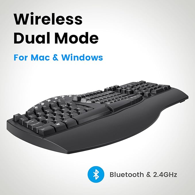 Perixx Periboard-612B Wireless Ergonomic Split Keyboard with Dual Mode 2.4G and Bluetooth Feature, Compatible with Windows 10 and Mac OS X System, Black, US English Layout