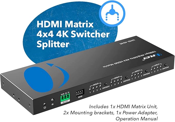 OREI 4x4 4K HDMI Matrix Switcher Splitter, (4-Input, 4-Output) Switch with Remote Control Auto Downscale 4K to 1080p, HDR10 Support (UHD-404R)