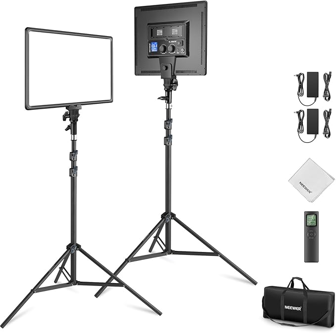 NEEWER 18" LED Video Light Panel Photography Lighting Kit with Tripod Stand Remote Cleaning Cloth, 2 Pack 45W Dimmable Bi Color Soft Studio Key Light 3200K-5600K CRI97+ 4800Lux for Streaming Recording
