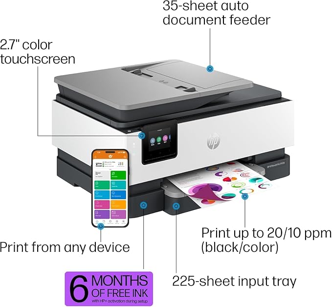 HP OfficeJet Pro 8138e Wireless All-in-One Color Inkjet Printer, Print, Scan, Copy, Fax, ADF, Duplex Printing Best-for-Home Office (Renewed Premium)