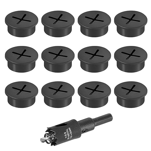 3/4" Black Desk Grommet, JTemgle Flexible Cable Grommet with Bi-Metal Hole Saw Cross Rubber Cable Hole Cover Wire Organizer Caps Desktop Cord Management for Home Office TV Stands Tabletops, 13 Pieces