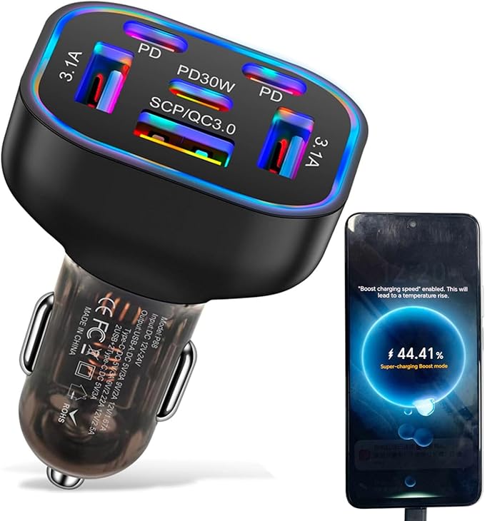 6 in 1 Multi Port USB C Car Charger Adapter PD 30W 6 Ports Super Fast Charging Cigarette Lighter Adapter 2 USB-C for MacBook iPhone 16/15/14/13/12 Galaxy Android Phones