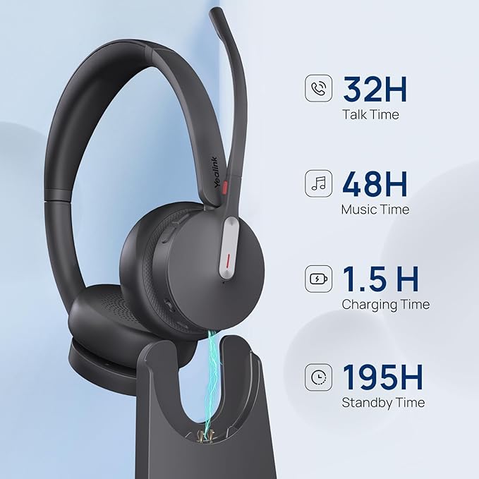 Yealink WH64 Hybrid DECT& Bluetooth Wireless Headset, 492ft Range Mono Teams UC Headphones with DECT Dongle & Charging Stand, 3X Mic, 26H Talk Time,Portable Single Headsets for PC,Cellphone,Laptop