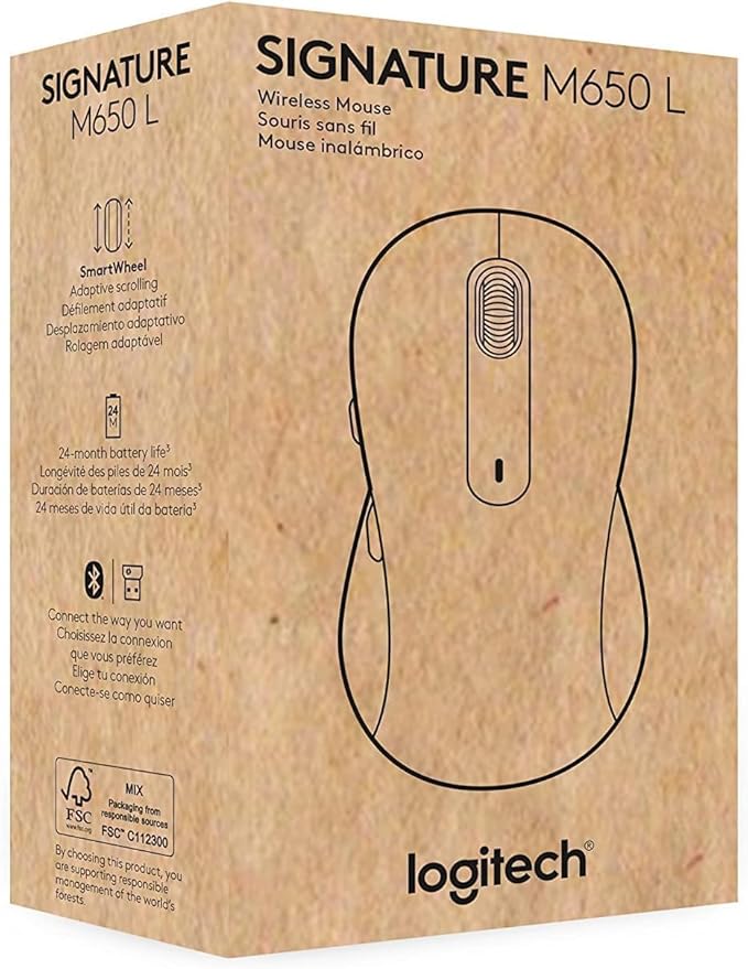 Logitech Wireless Mouse Signature M650 L Full Size - Large Hands, 2-Year Battery, Silent Clicks, Customizable Buttons, Bluetooth, PC/Mac/Chromebook - Black, Right-Handed, Large