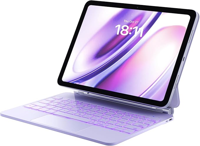 GreenLaw for iPad 11th(A16,2025)/10th(2022) Generation Case with Keyboard, Magic-Style Keyboard Stand, 7 Color Backlit, Stain-Resistant Surface, Multi-Touch Trackpad, Light Purple