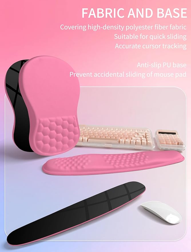 Hokafenle 2in1 Combination, Wave Keyboard Wrist Rest and Ergonomic Curvature Mouse Pad Wrist Support for Relieve Wrist Pain, Filled with Soft Cushion Memory Foam, Tough Guy Pink