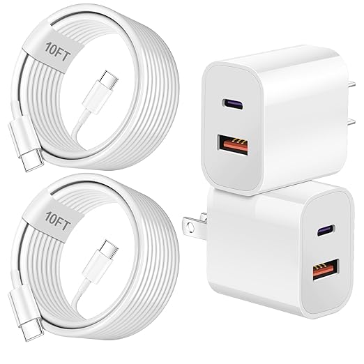 Dual Port A/C Charger for iPhone 16 15,Double A/C iPhone 16 15 Charger Fast Charging Block,2Pack Quick USB C Wall Chargers Adapter,10FT USB C Cable for iPhone 16/16 ProMax/16e/15 Plus/15 Pro,iPad Pro
