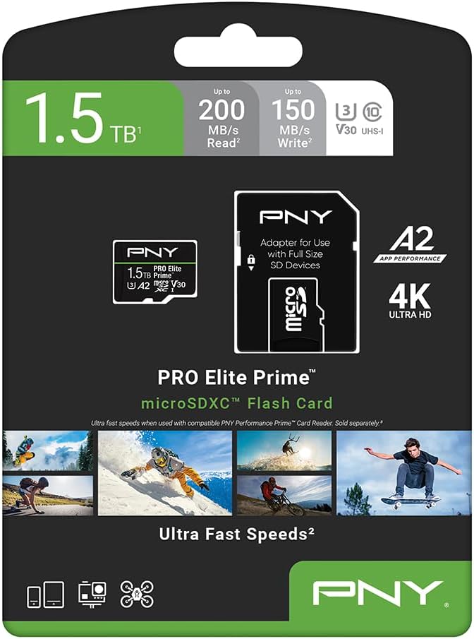 PNY 1.5TB PRO Elite Prime C10 U3 V30 A2 microSDXC Flash Memory Card – Ultra-Fast Speeds, Read 200MB/s, Write 150MB/s, 4K UHD, Full HD, UHS-I, for Smartphones, Drones, Action Cameras