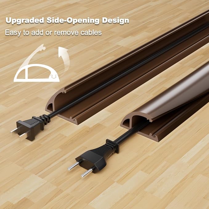 6FT Side-Open Extension Cord Covers for Wires on Floor,Silicone Power Cable Protector Cord Hider Management Strip,Hide Electric Wire on Carpet,Chord Runner Protective Safety Wiremold,Brown