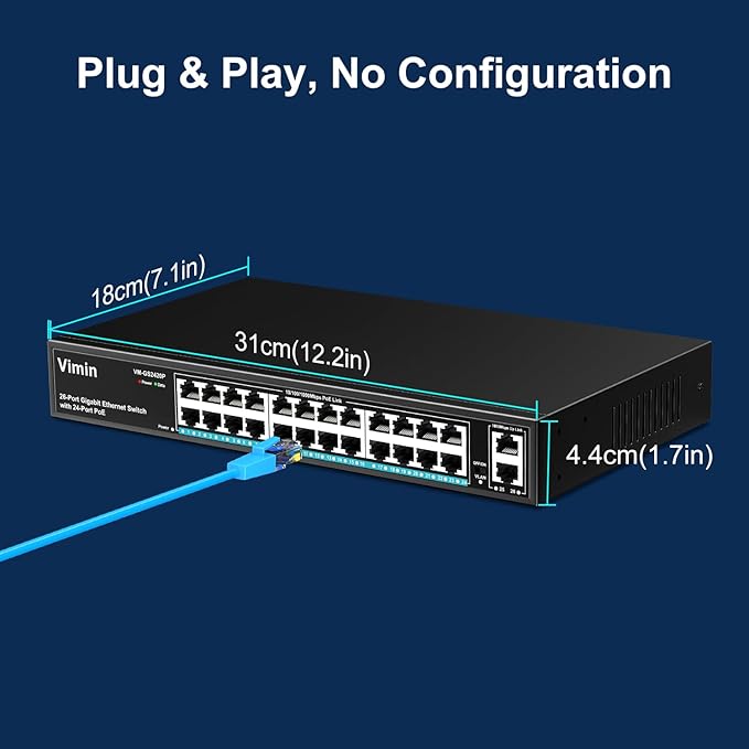24 Port Gigabit PoE Switch with 2 Uplink Gigabit Ports, VIMIN 26 Port Unmanaged PoE Ethernet Switch with 320W Power, Support IEEE802.3af/at, VLAN, Metal Housing, 19 inch Rack-Mount, Plug and Play