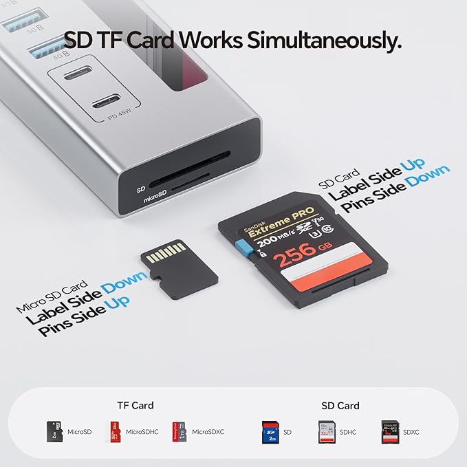 Powered USB C Hub, PULWTOP 11-in-1 USB Hub with SD/TF, 2*USB-C 10Gbps, 4*USB-A 5/10Gbps and 2 * 24/45W Type-C PD Charging Ports (Not Support Video), USB Powered Hub (72W DC Adapter Included)