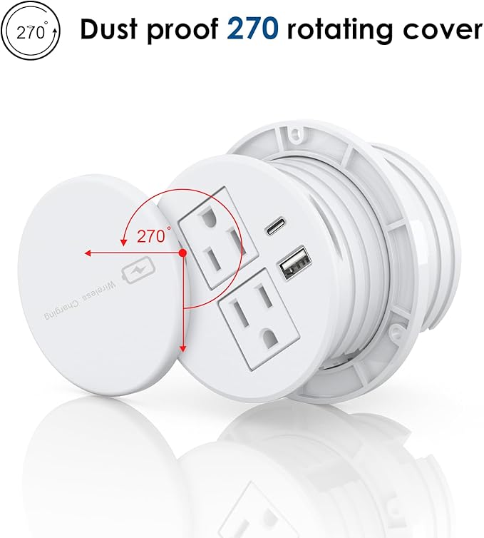 Recessed Power Grommet 3-inch Hole, 15W Wireless Charger, 20W USB C Fast Charging Station,2 AC Plug, Flush Mount Countertop Outlet, Workspace Essential Desk Hole Cover for Cables White