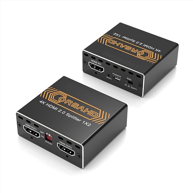 4K@60Hz HDMI Splitter 1x2 4:4:4,18 Gbps,Supports Soundbar,HDCP Bypass,EDID,Duplicate/Mirror/Copy,Downscale, HDR,Dolby Vision Atmos,4K HDMI Splitter 1 in 2 Out for Dual Monitors