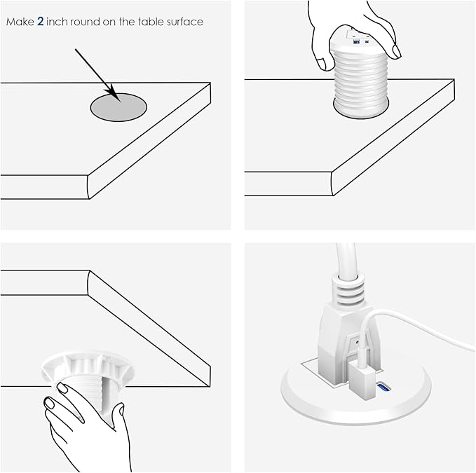 2 inch Desk Power Grommet with PD 20W USB C,Ultra-Flat Plug Power Strip,Recessed Outlet,Desktop Power Grommet for Office PC Desk Cable Cord Cover,Table Outlets for Home, Office,6 ft Cable(White)