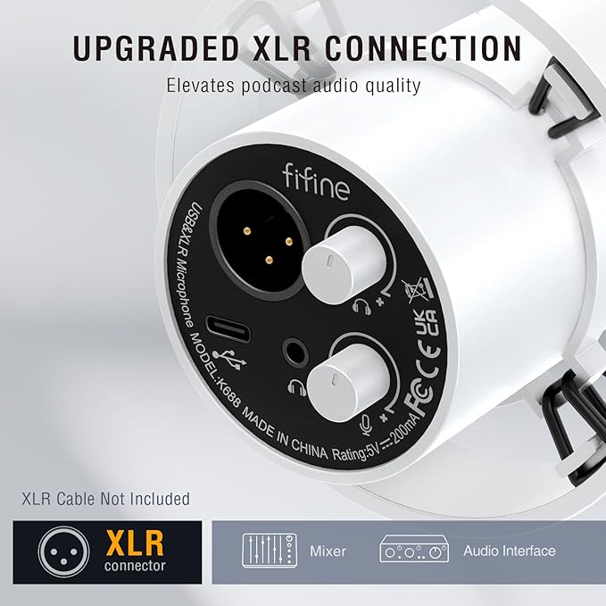 FIFINE Studio XLR Dynamic Microphone, USB PC Podcast Microphone for Streaming Recording, XLR/USB Vocal Mic with Tap-to-Mute, Gain Knob, Headphones Monitoring-Amplitank K688 White