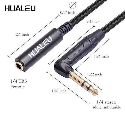 HUAELU 2Pack 1FT Right Angle Audio Cable, Male to Female, 6.35mm TRS Stereo to 1/4 Female Stereo Headphone Guitar Extension Cable Cord for Amplifiers