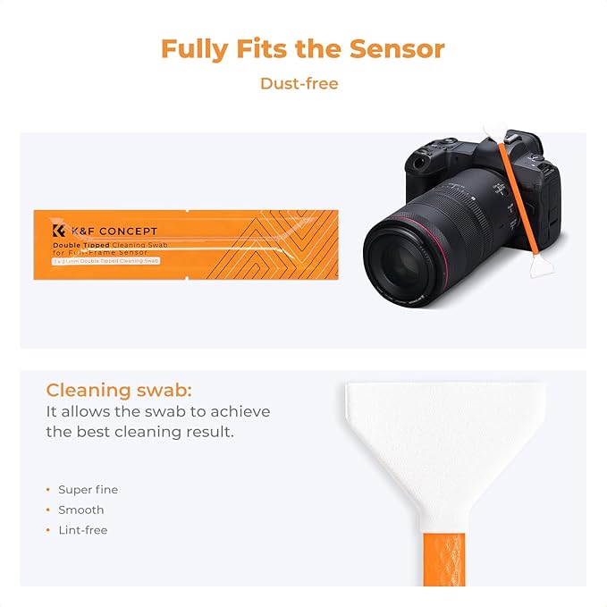 K&F Concept Full Frame Sensor Cleaning Kit, Mirrorless Camera Cleaner Kit - 20ml Sensor Cleaner, 10 X 24mm Double-Tipped Full Frame Sensor Cleaning Swabs & Gloves