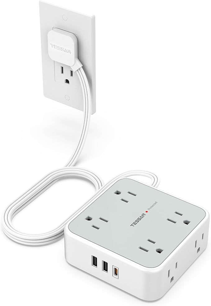 Surge Protector Power Strip, TESSAN 5 Ft Flat Plug Extension Cord with Multiple Outlets, 3 USB (1 USB C PD 20W), 8 Outlets, 900J Surge Protection, for Home, Office, Dorm Room Essentials, 1250W
