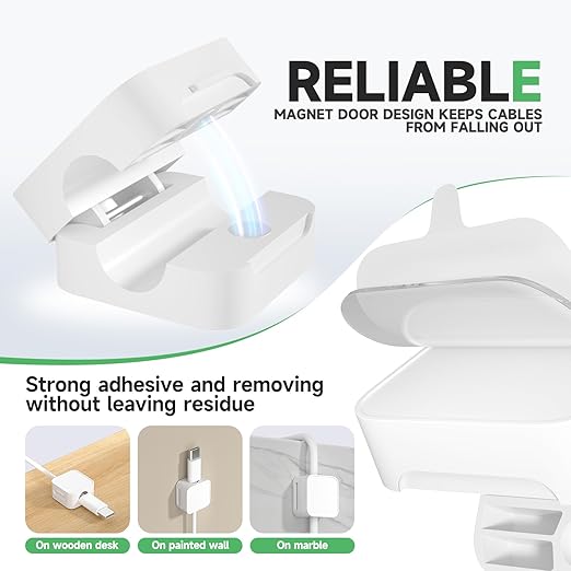 6 White Magnetic Cable Clips,Under Desk Cable Management,Cord Holder for Nightstand Home Office Car Phone Wall,2025 Adhesive Cord Organizer[0.45" in Ht Save Space/Versatile for Wire Up to 0.27" OD]