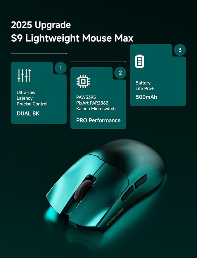 S9 Max Wireless Gaming Mouse, 59G Ergonomic Computer Mouse, Triple Modes, 8K Polling, 26K DPI, PAW3395 Optical Sensor, Kailh Switch, 250h Battery Life, Programmable for PC/Win/Mac(Green)