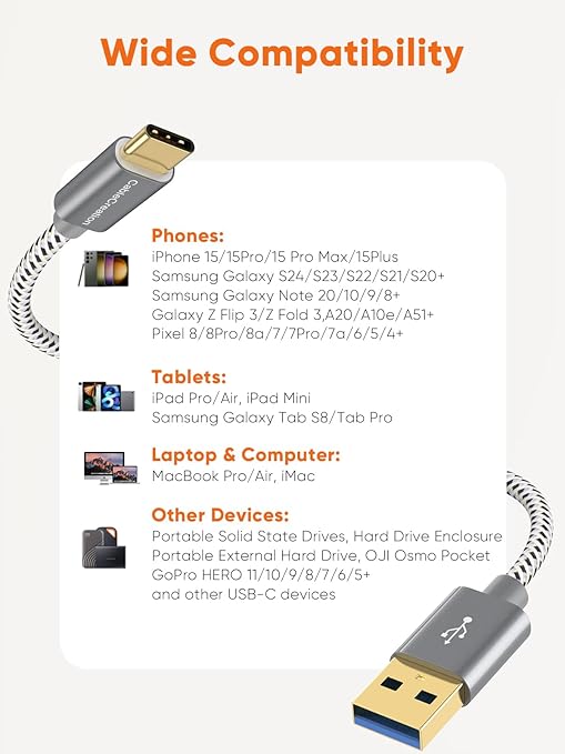 CableCreation USB A to USB C Cable 5FT, 10Gbps USB C to A USB 3.2 3.1 C Data Cable, Android Auto 3A Fast Charge Cord for Type C External SSD MacBook iPad, Galaxy S24/S23+, iPhone 15/iPhone 16+