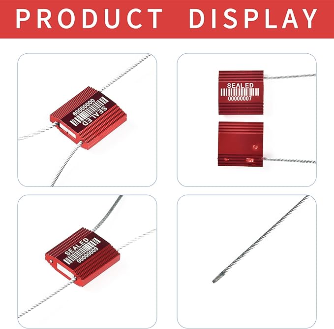 100 Red Steel Cable Seals With Barcode - High Security Numbered Truck Anti-Tamper Pull Tite Tags - Metal Container Shipping Self-Locking Safety Ties ISO 17712
