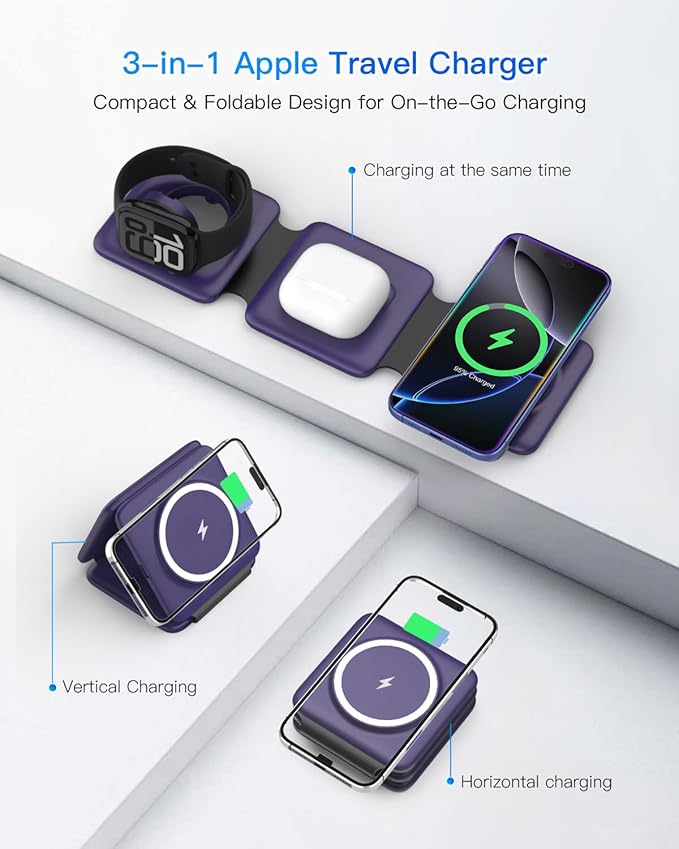 Charging Station for Mag Safe Apple - 3 in 1 Magnetic Foldable Wireless Charger Pad - Travel Charging Mat for iPhone 16 15 14 13 12 Pro Max Plus Watch & Airpods