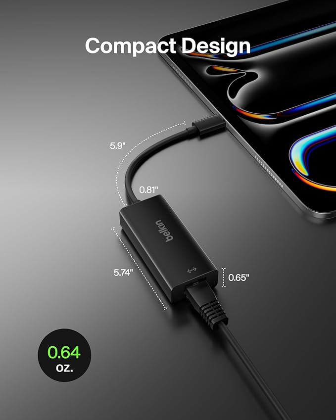 Belkin USB-C to Ethernet Adapter, Gigabit Ethernet Port Compatible w/ USB-C Devices, USB-C to Ethernet Cable for MacBook Pro & Dell XPS 13” Laptops, Ethernet USB-C Hub, Ethernet USB-C Adapter - Black